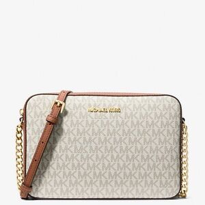 Michael Kors Vanilla Signature Crossbody with Brown Trim and Gold Hardware
